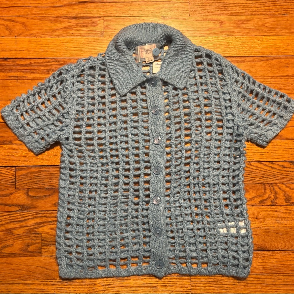 BDG Sky Blue Chunky Crochet Button-Up Top